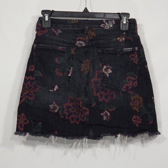 7 for all Mankind Floral Black Denim Mini Skirt Raw Hem Dark Romantic Grunge 27" - Picture 3 of 4